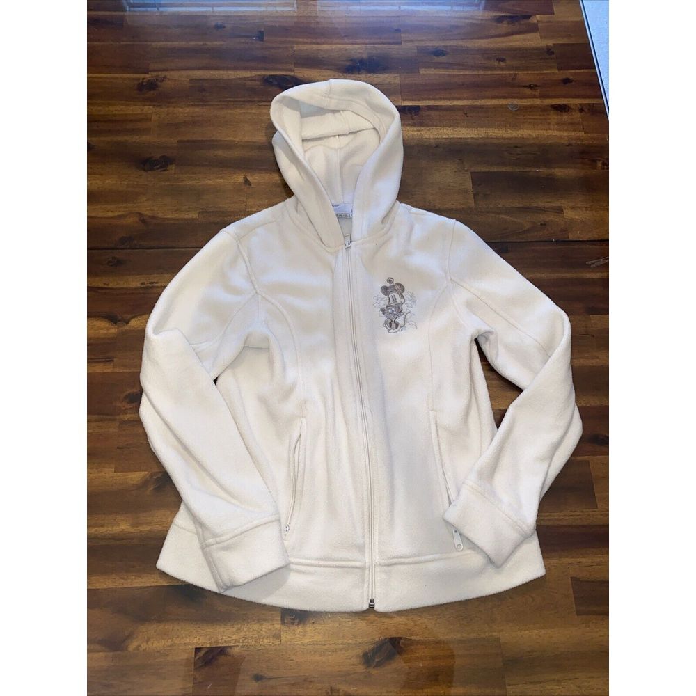 Disney women's fleece sweater Size S Minnie Ivory‎ Zipper Pockets Embroidered.
